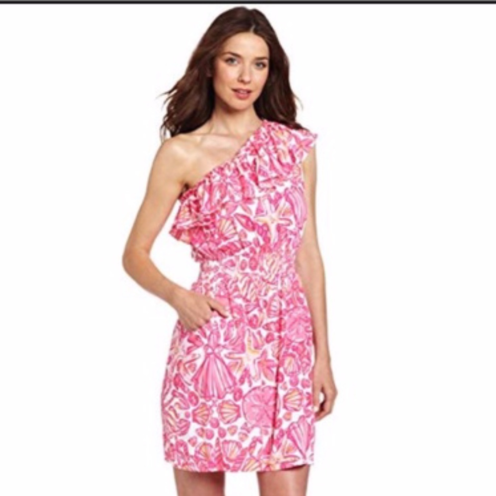 HP 💗 LILLY PULITZER Pink One Shoulder Dress Sz MD